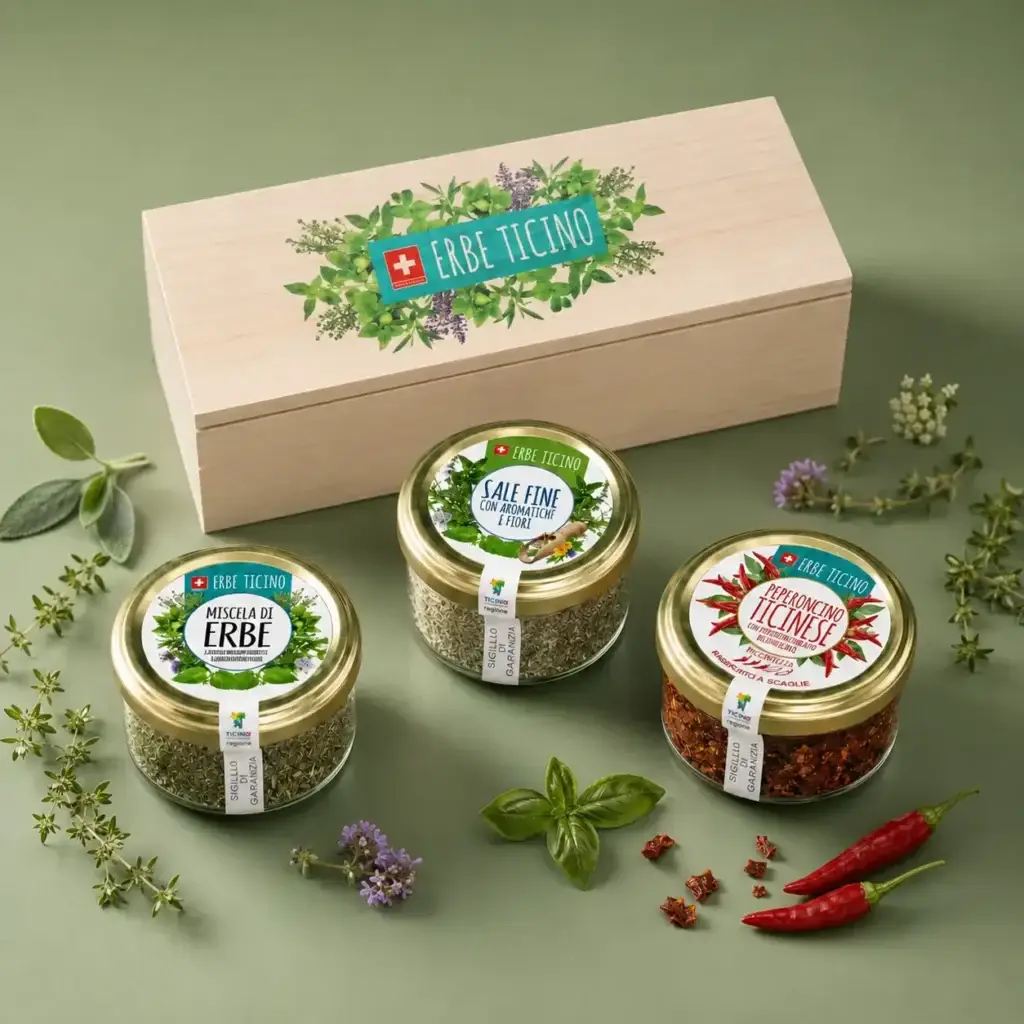 Una scatola di legno e tre vasetti di Erbe Ticino fra erbe fresche e peperoncini
