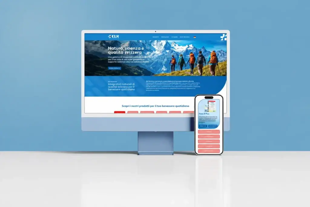 Il sito di ELK Nutrition su un monitor e uno smartphone, con una foto di escursionisti in montagna
