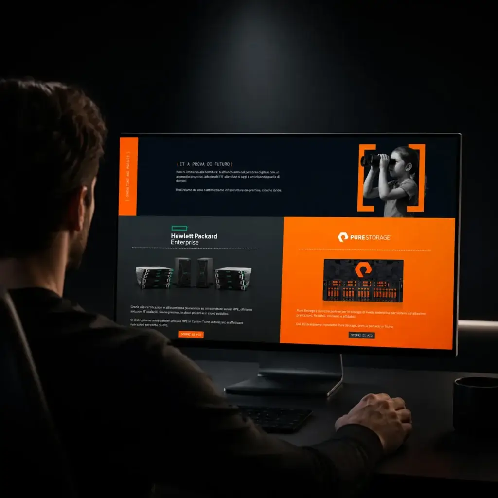 Una persona davanti al monitor con il sito di 7networks, nero e arancione