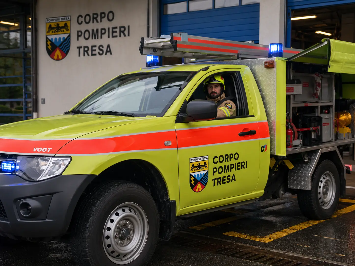Il veicolo del Corpo Pompieri Tresa davanti alla caserma, con un pompiere alla guida