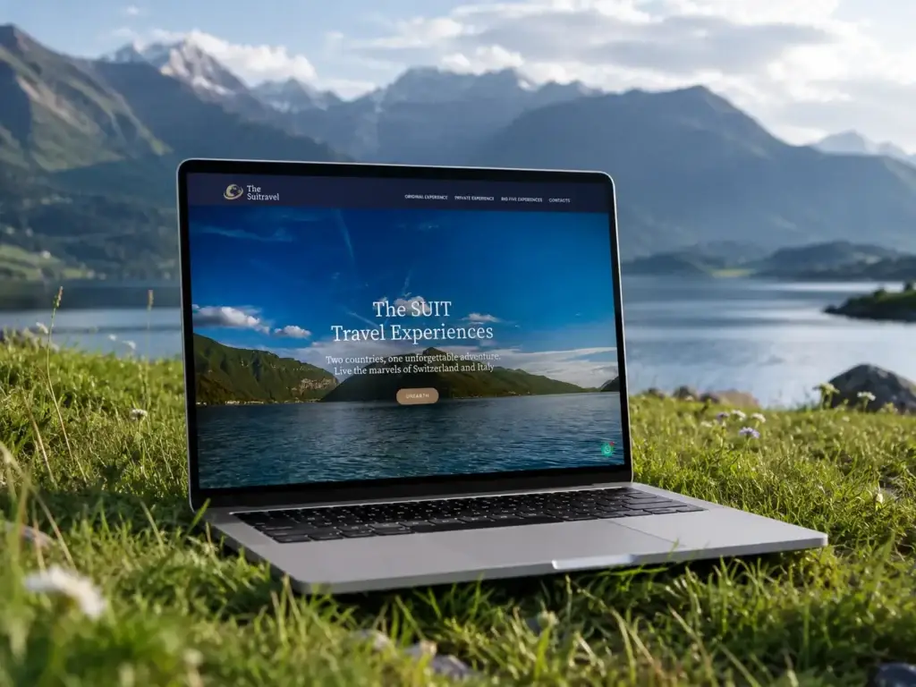 Un portatile nel prato davanti a un lago di montagna mostra il sito di The SUIT Travel