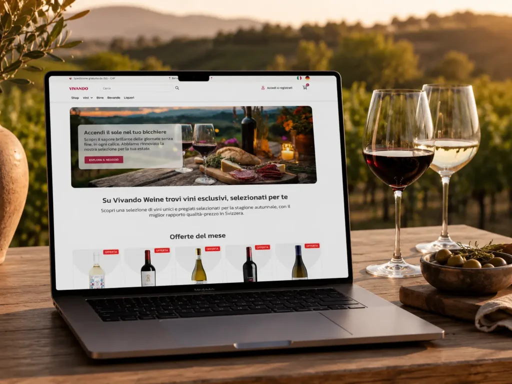 Un portatile con il negozio di vini Vivando su un tavolo con calici di rosso e bianco