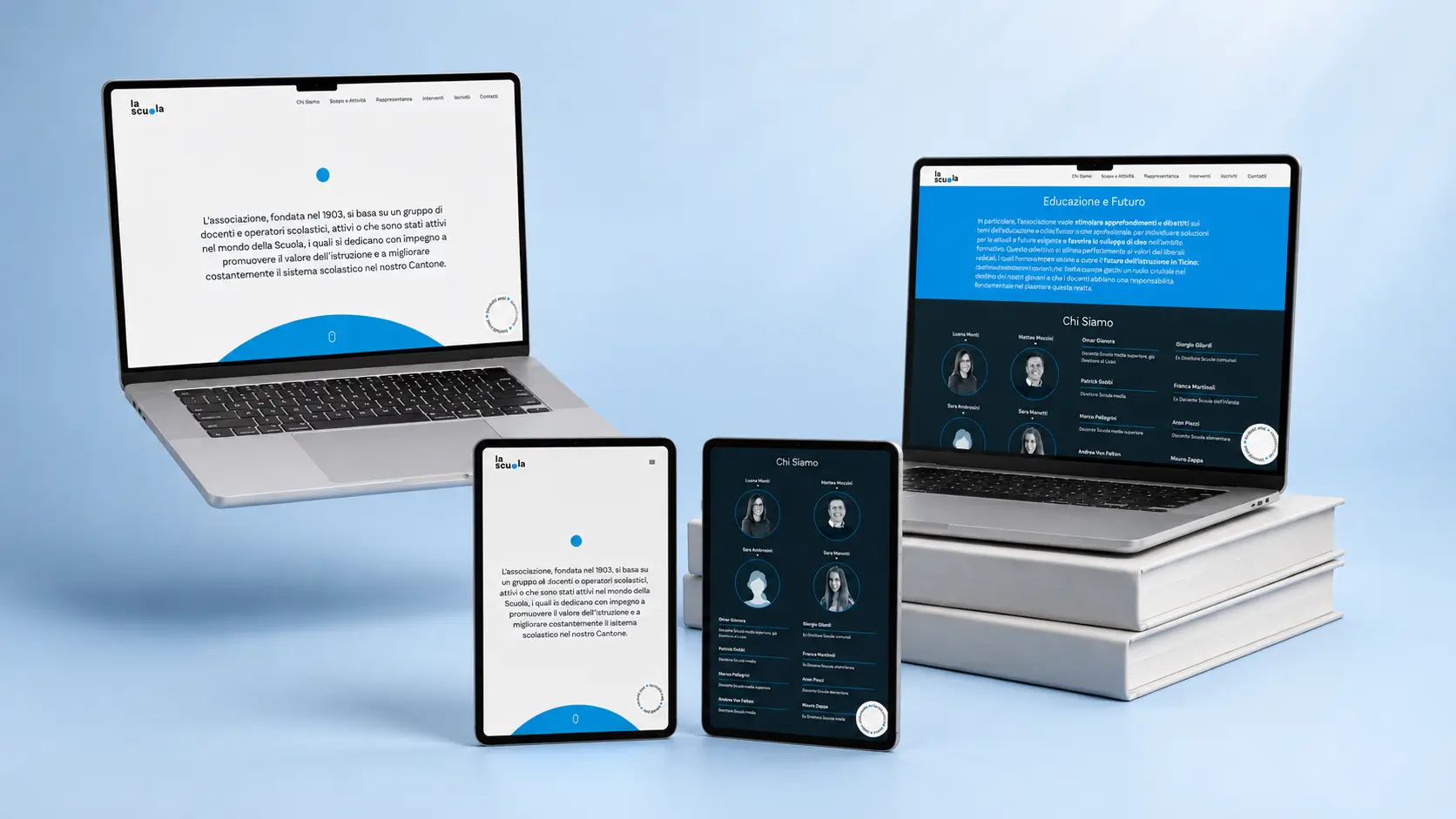 Portatile, tablet e smartphone con il sito di LaScuola PLR, su fondo azzurro