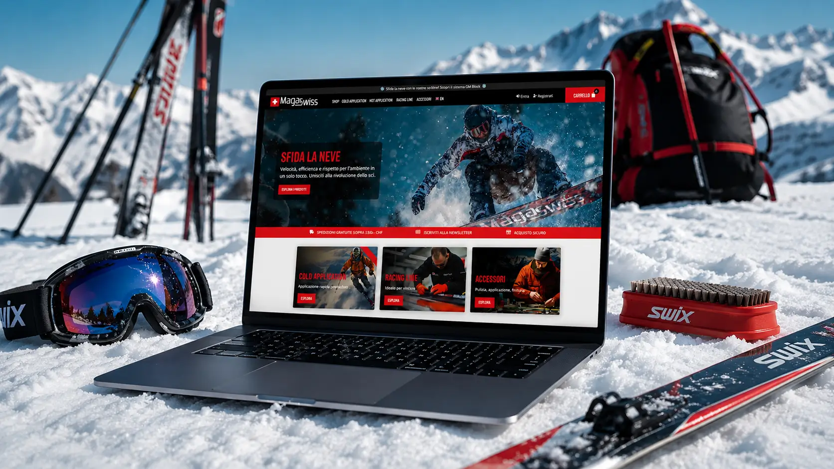Un portatile con il sito di Magaswiss sulla neve, fra sci, bastoni e maschera