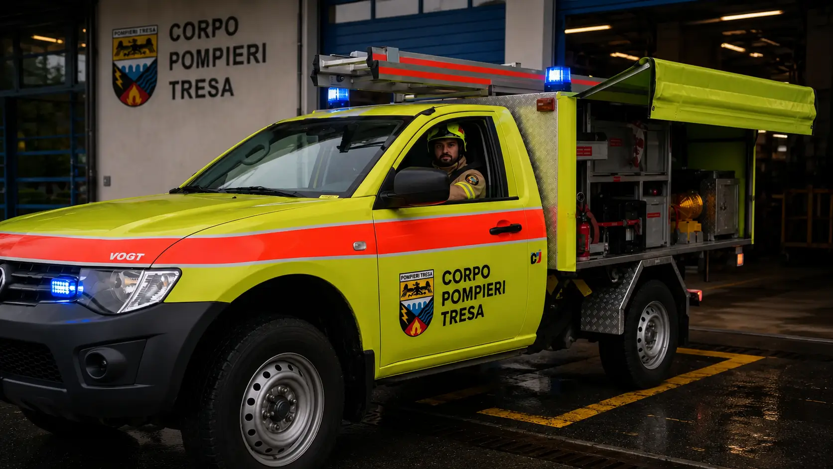 Il veicolo del Corpo Pompieri Tresa con la nuova livrea, davanti alla caserma