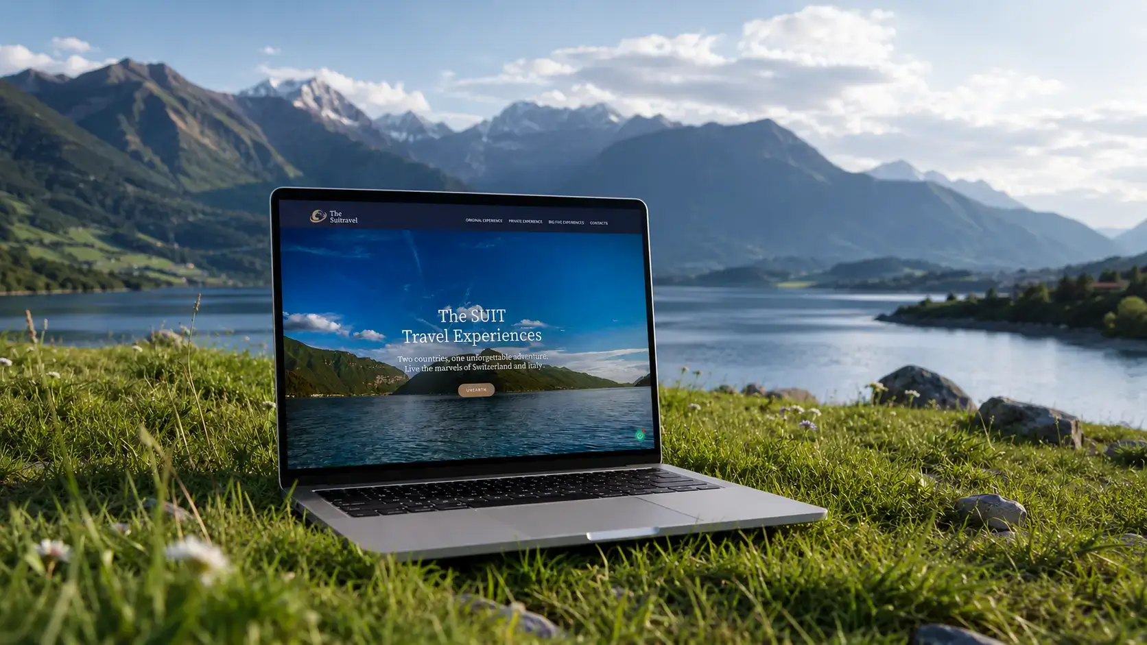 Un portatile nel prato davanti a un lago di montagna mostra il sito di The SUIT Travel