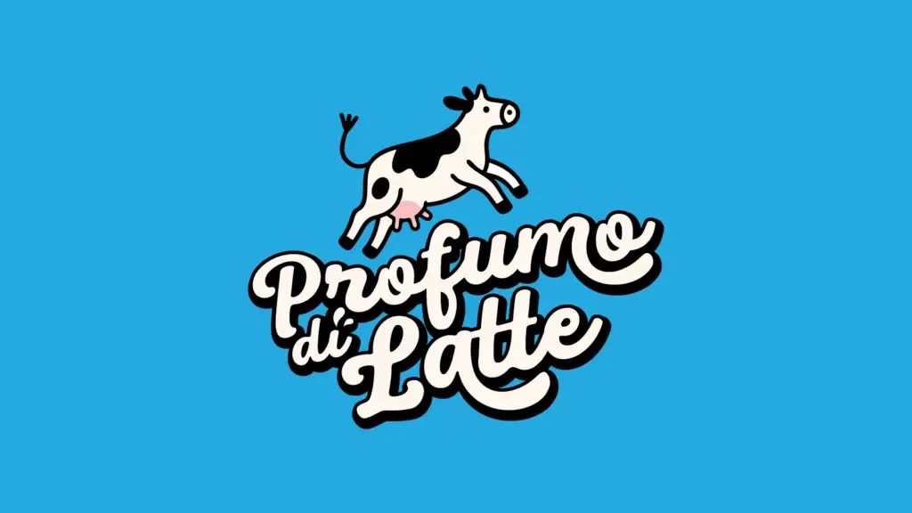 Il logo Profumo di Latte con la mucca che salta, in bianco su fondo azzurro