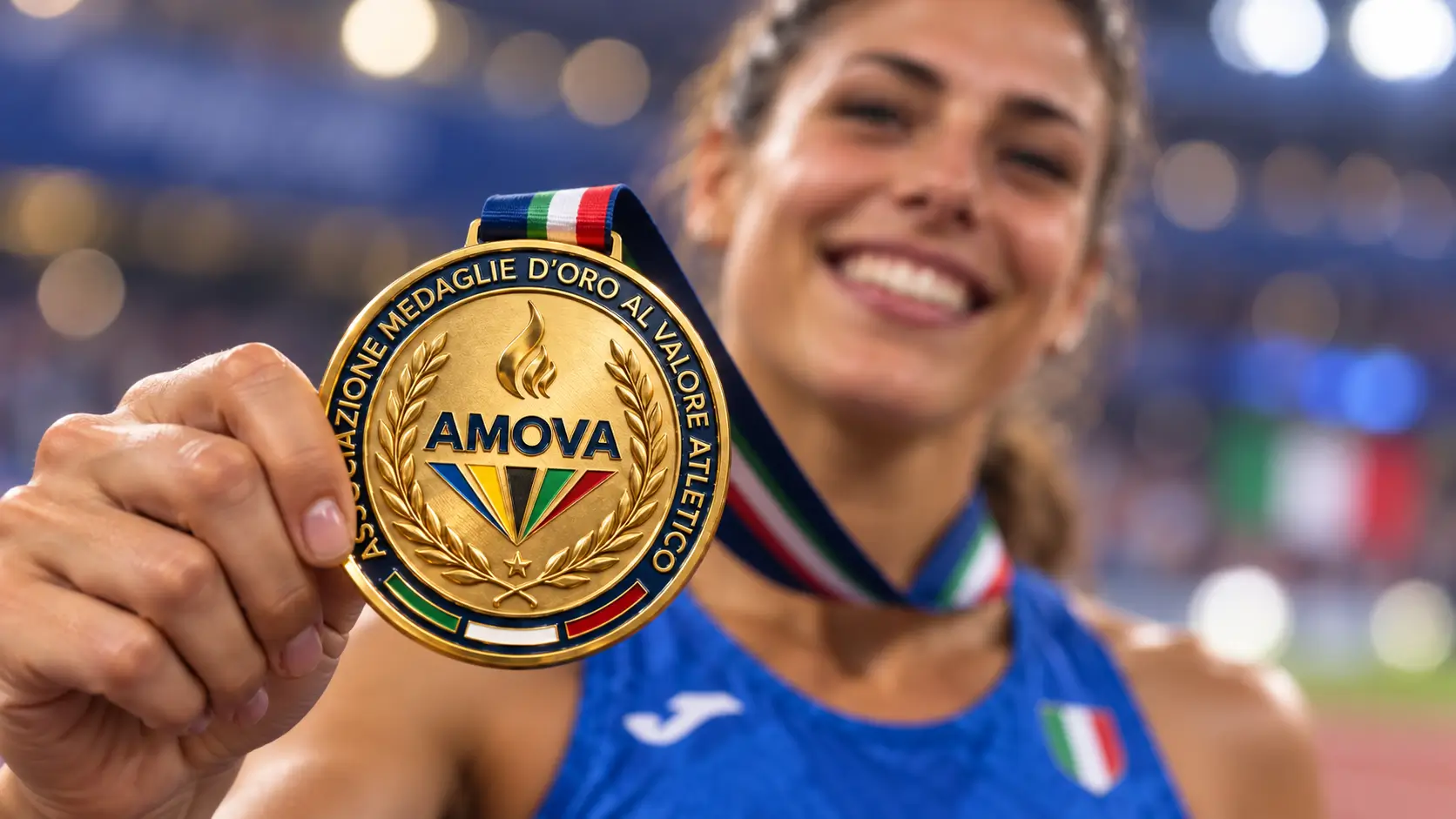 Un'atleta con la maglia azzurra sorride mostrando la medaglia AMOVA