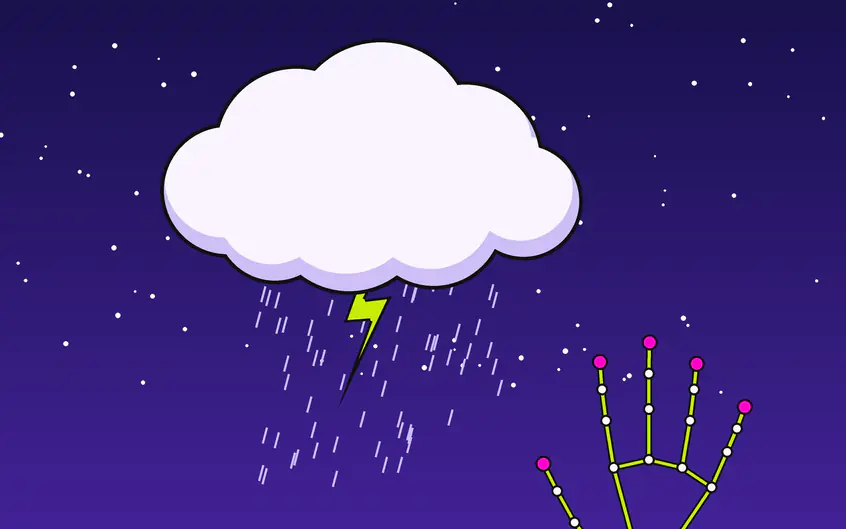 Illustrazione di Cloudia: una nuvola con fulmine e pioggia, comandata dallo scheletro di una mano tracciata