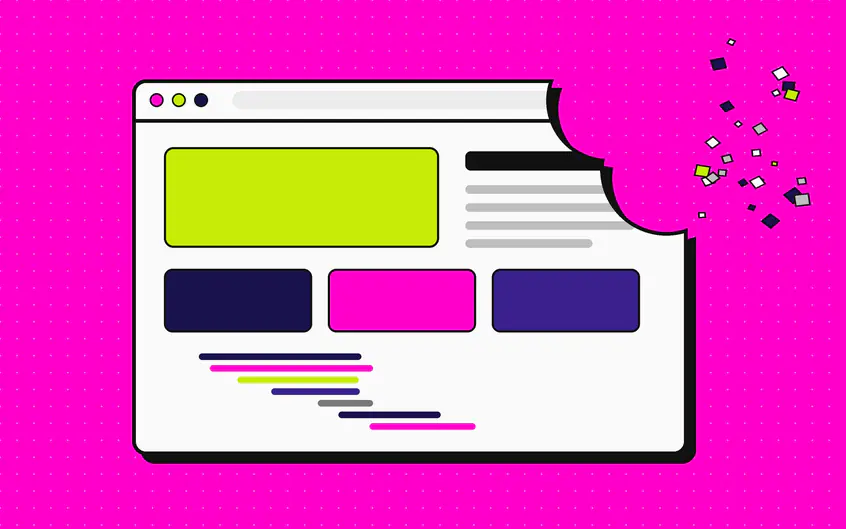 Illustrazione di Gnaw: una finestra del browser con un morso nell’angolo e le briciole che volano via