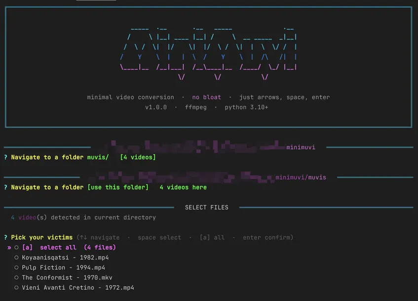 minimuvi: l’interfaccia a caratteri ANSI nel terminale, con la lista dei video da convertire