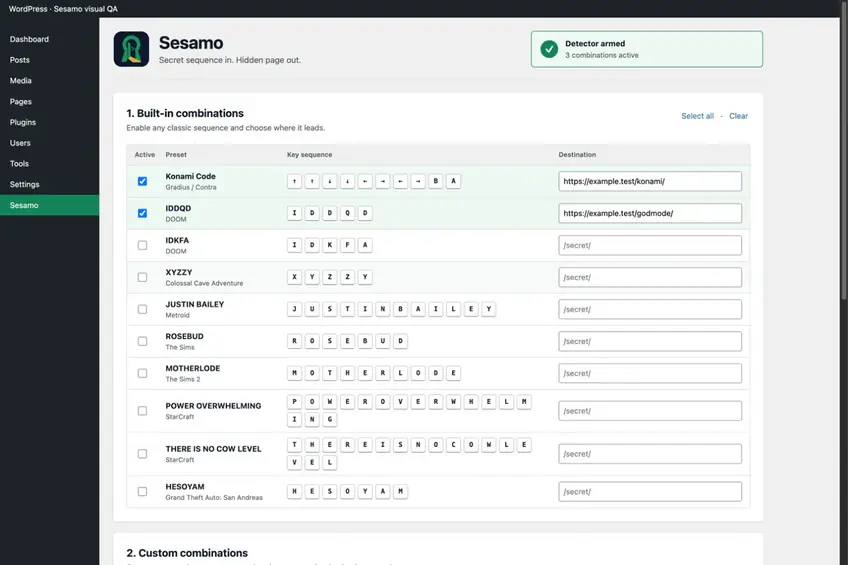 Sesamo: le impostazioni del plugin con le combinazioni segrete come Konami Code e IDDQD