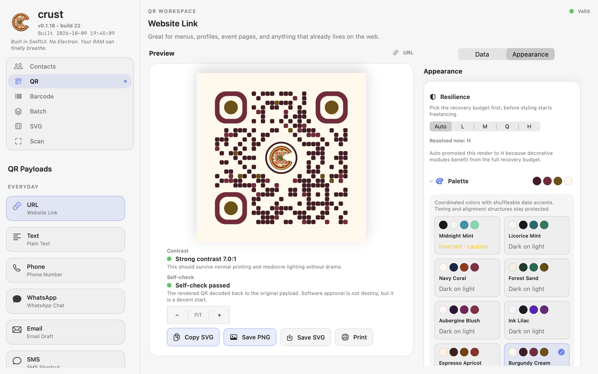 crust, il QR: il link al menù con il logo al centro, i colori Burgundy Cream e la prova di lettura superata