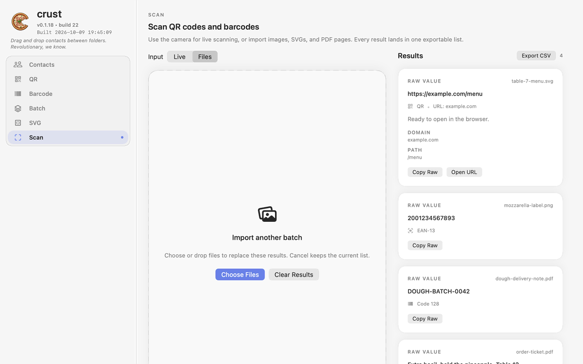 crust, la scansione: codici letti da un SVG, da un'immagine e da due PDF, pronti per il CSV