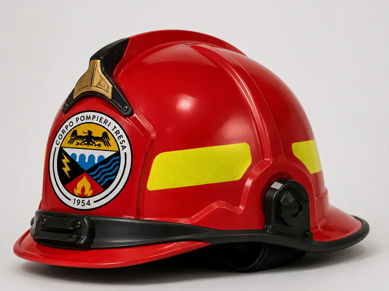 Casco rosso con lo stemma del Corpo Pompieri Tresa