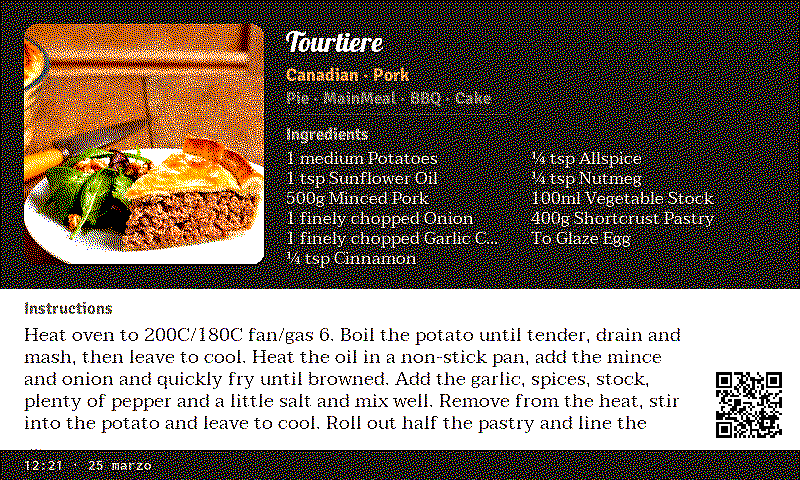 TaleVision: Cucina propone la ricetta della Tourtière canadese, con foto, ingredienti e QR code, in e-ink a sette colori