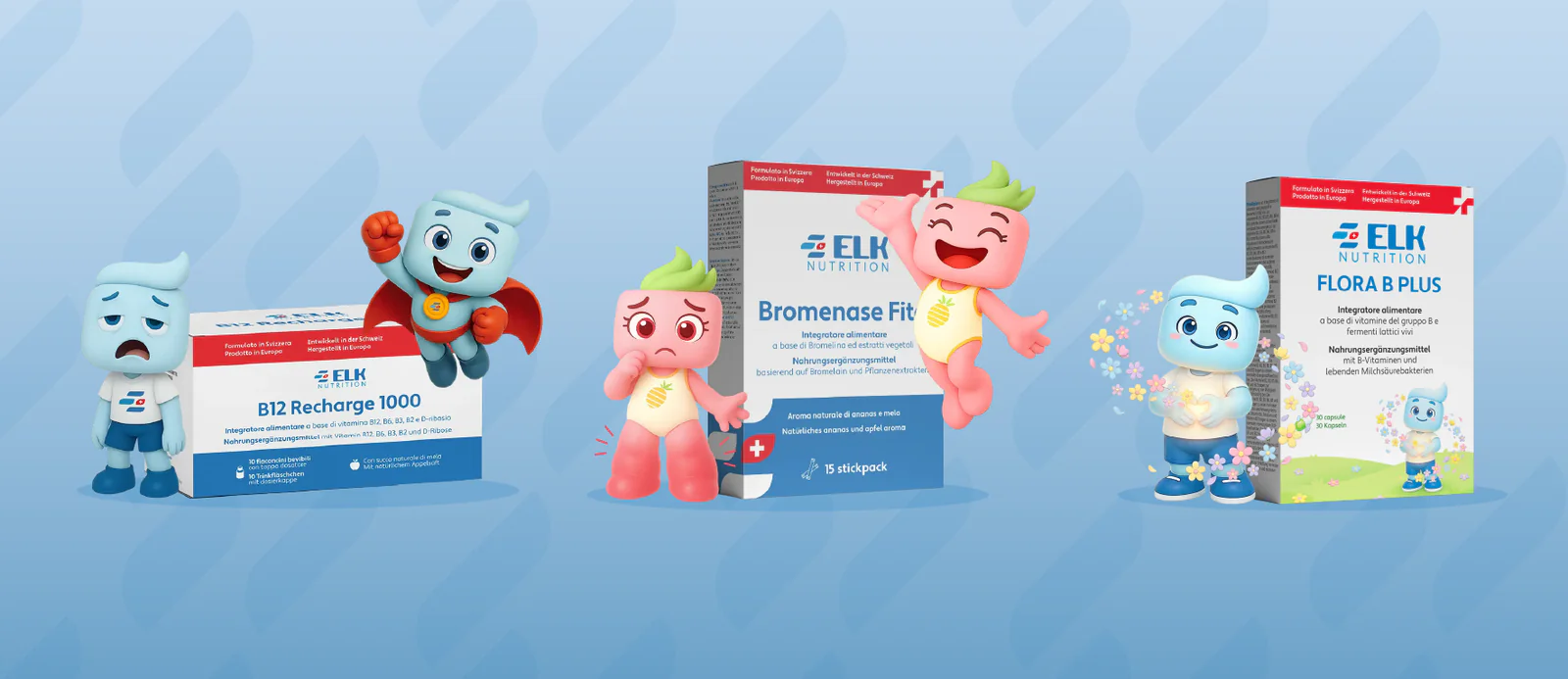 Le confezioni di ELK Nutrition con le mascotte dei bambini, su fondo azzurro
